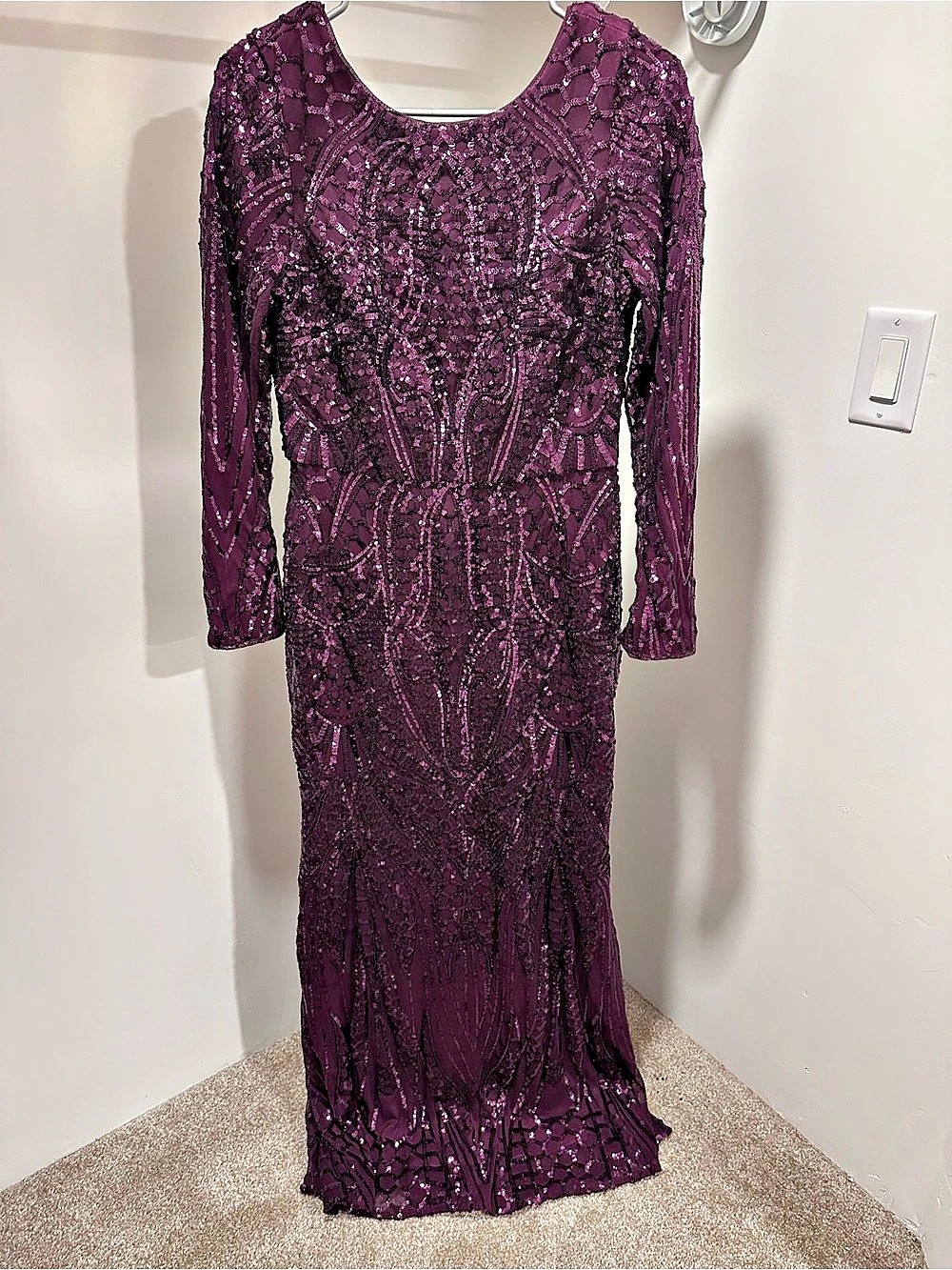 Sequin Long Sleeve Maxi Dress in Purple Like New